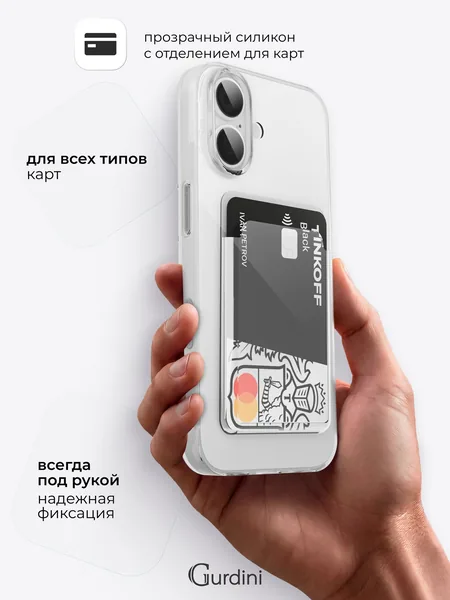 Чехол Gurdini iPhone 17 силикон с отделением для карты, Clear