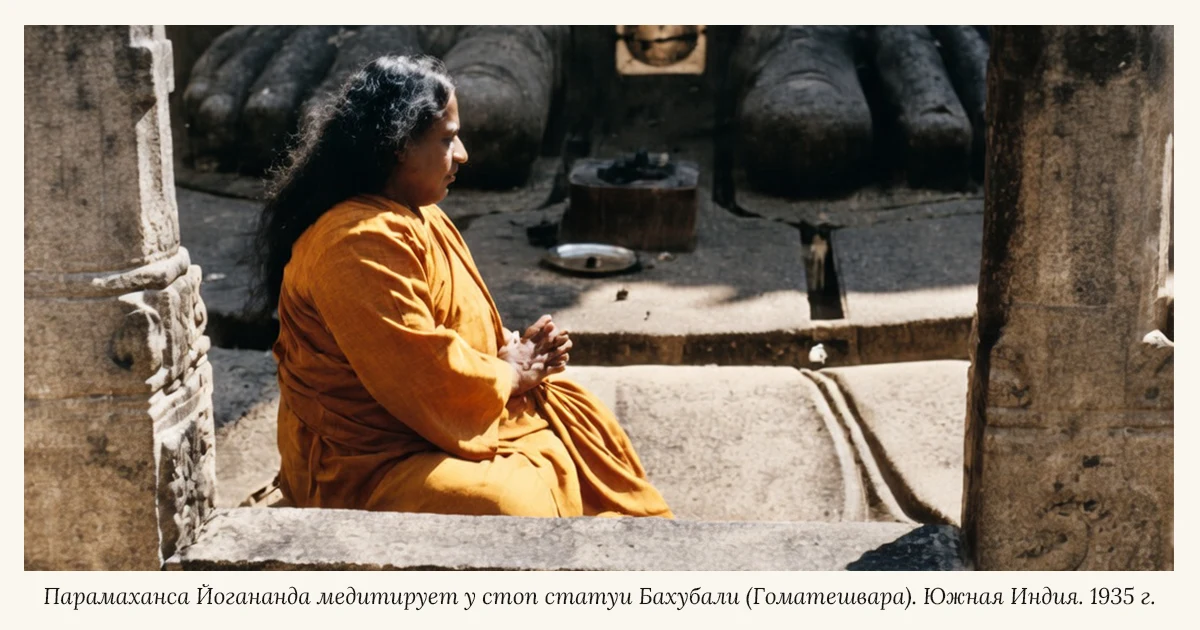 Парамаханса Йогананда медитирует у стоп статуи Бахубали (Гоматешвара). Южная Индия. 1935 г.