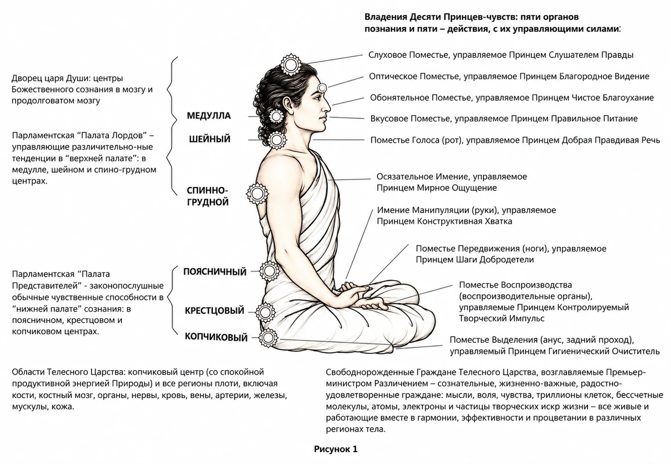 Рисунок 1. Телесное царство под управлением Царя-Души: чакры позвоночника и владения десяти принцев-чувств