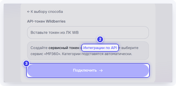 Ссылка «Интеграции по API», поле для токена и кнопка «Подключить»