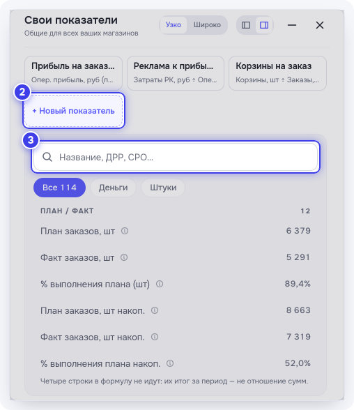Окно «Свои показатели»: «+ Новый показатель» и поиск строк