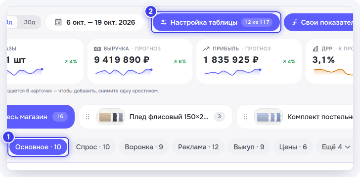 Полоса «Шаблоны» и кнопка «Настройка таблицы»