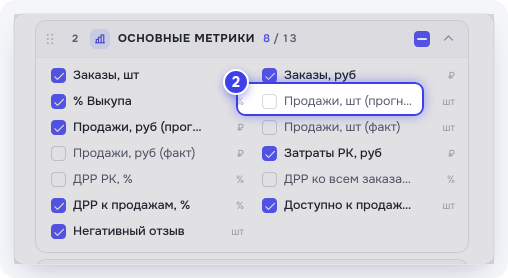 Галочки строк в группе «Основные метрики»